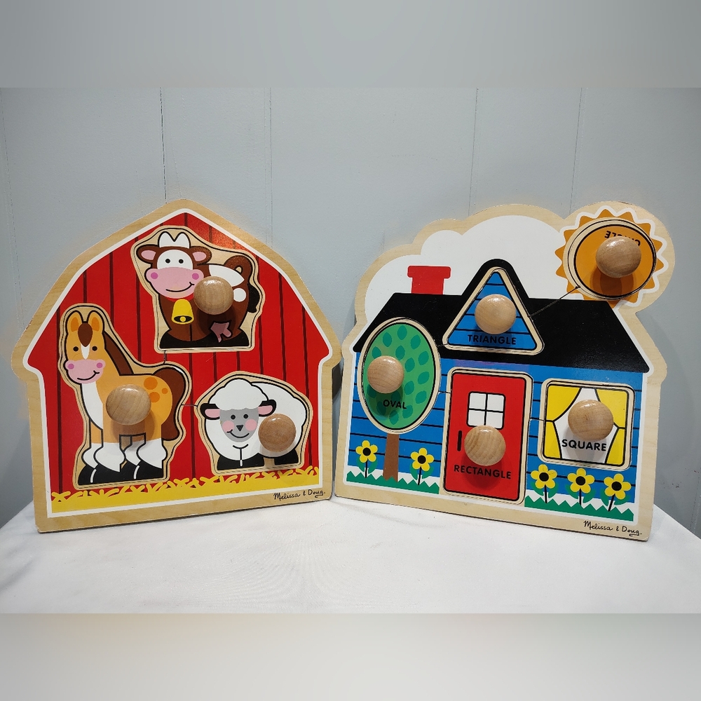 Melissa & Doug Jumbo Knob Wooden Puzzle Bundle Farm Animals & Shapes - Picture 4 of 4